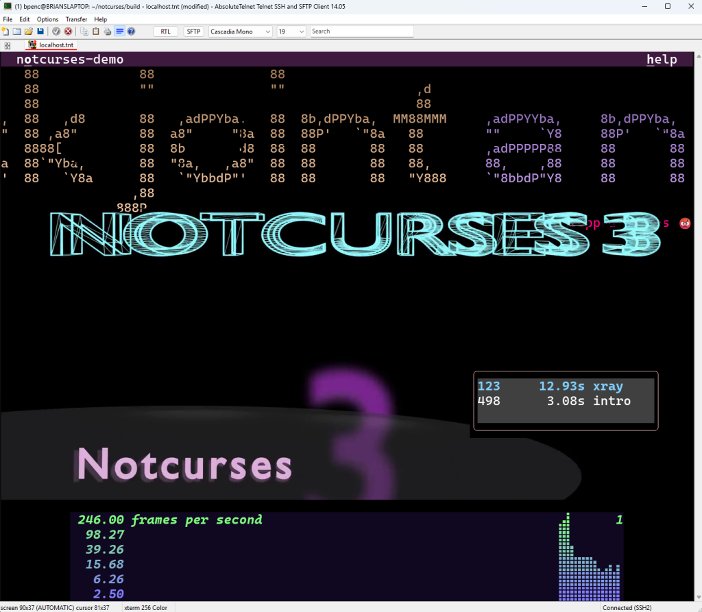 Notcurses 3 demo running on AbsoluteTelnet/SSH 14.05