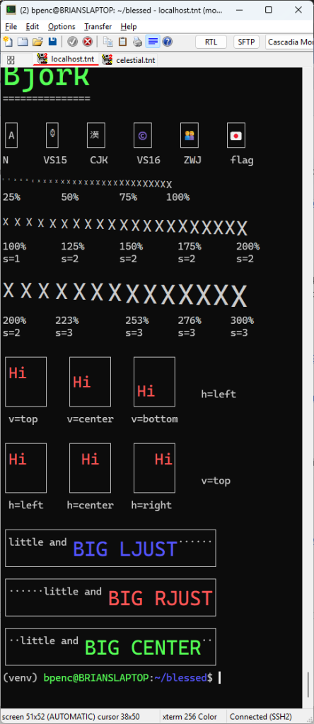 SCREENSHOT: blessed text_sizing_protocol.py — the full feature grid: the scale ladder, the fractional size sweep, the alignment boxes, and the left/right/centre justified banners